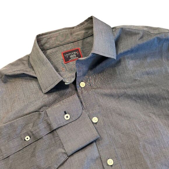 UNTUCKit Navy‎ Blue Micro Check Long Sleeve Button Dress Shirt Mens M - Picture 1 of 5